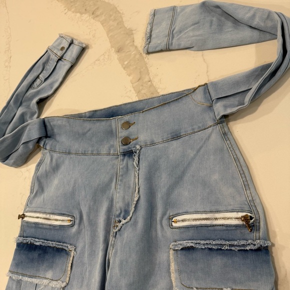 My Boo NWT Cargo Tomboy High Waisted Denim Jeans Women’s Large Blue Tie Waist - Picture 6 of 9